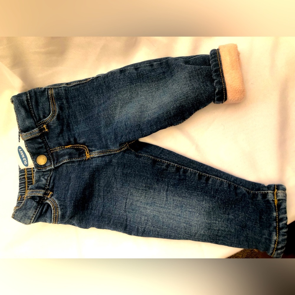 Old Navy Baby denim jeans pink flannel lined Size 6-12 months